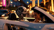 A robot and young woman riding in a luxury sports convertible, robot driving and a woman sitting next to it and looking at it