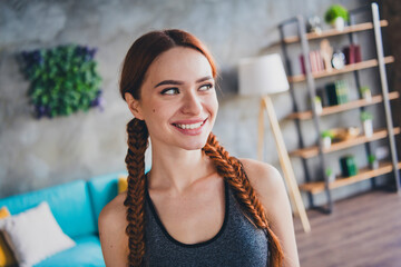 Wall Mural - Portrait of young nice sportswoman inspiration brainstorm training activity flat indoors