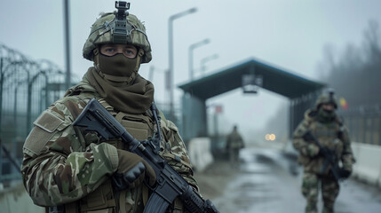 a modern military man in full combat gear with an automatic rifle at a block post or on the border