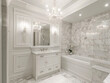 Luxury bathroom with marble tiles, a crystal chandelier, and elegant fixtures in a stylish design.