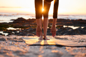 Sticker - Hands, legs and sunshine with beach yoga, fitness and outdoor with lens flare and ocean for calm and zen. Yogi person, exercise or workout on shore, pilates and energy with stretching for self care