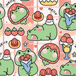 Seamless pattern of cute frog various poses in strawberry bakery concept background.Reptile animal character cartoon design.Bread,ice cream,dessert,sweet,fruit,heart,flower.Kawaii.Vector.Illustration.