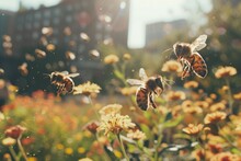 Urban Garden Buzzing With Activity As Bees Pollinate Flowers Amidst The City