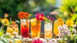 Un assortimento di cocktail estivi dai colori vivaci, presentati su un tavolo all'aperto adornato con fiori freschi, perfetto per promuovere feste ed eventi estivi.