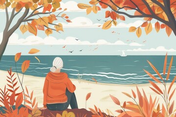 Wall Mural - mature woman enjoying peaceful autumn beach landscape outdoors serene portrait illustration