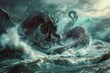menacing kraken monster emerging from stormy sea digital painting