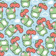 Seamless pattern of cute frog hold strawberry umbrella on sky and cloud background.Reptile animal character cartoon design.Fruit.Rainy season.Kawaii.Vector.Illustration.
