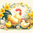 illsutration of Watercolor style illustration for hen famliy and egg, yellow flowers. paper art
