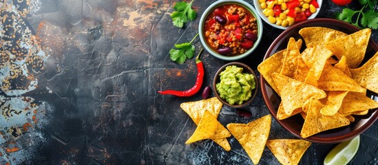 Poster - Mexican cuisine idea: Tortilla chips, guacamole, salsa, chili with beans, and fresh elements on a weathered metal surface. Overhead perspective.