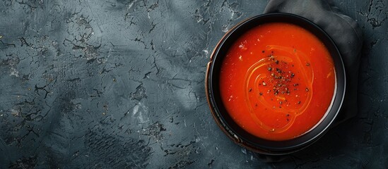 Wall Mural - Tomato soup presented in a black bowl against a grey stone backdrop from a top-down perspective, with space for duplication.