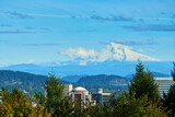 Fototapeta Las - Mount Hood covered by fresh snow. View from the Portland Oregon Rose Garden.