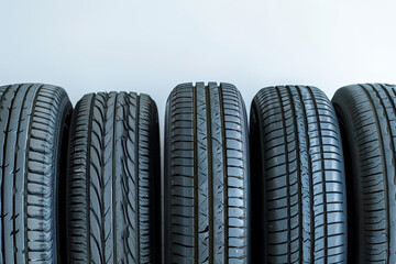 A lineup of car tires presented against a white backdrop