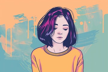 minimalistic illustration of a young teenage girl with her eyes shut.