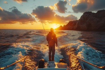 Silhouette of a lone fisherman casting a fishing line into the sea from the stern of a boat at sunset