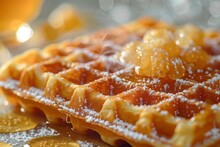 Tempting Close-up Of Golden Waffles Drizzled With Honey And Dusted With Powdered Sugar, Against A Sparkling Background