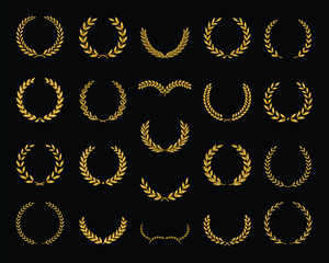 Sticker - Set of different golden silhouette laurel foliate and olive wreaths depicting an award, achievement, heraldry, nobility, emblem, logo. Vector illustration.