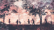 Children holding hands and playing in a mystical forest at dusk