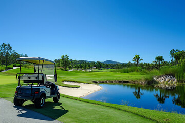 Golf cart car in fairway of golf course with fresh green grass field and cloud sky and tree with water lake on sunset time