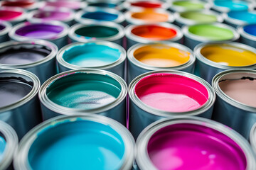 Different colors of paints in cans or colorful paint background, top view. Concept of home repair and renovation supplies.