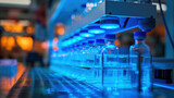 Fototapeta  - Modern Pharmaceutical Production Line with Blue Technology Lighting