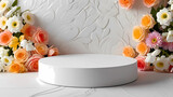Fototapeta  - White empty product platform, surrounded by soft colored flowers, white textured flower wallpaper background.