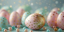 A Bunch Of Eggs With Gold And Pink Polka Dots On Them. The Eggs Are Scattered Around A Blue Background