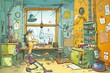 Colorful cartoon illustration of a quirky scientist's cluttered lab, full of haphazard gadgets and bubbling concoctions, exuding chaos and creativity