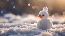 A Small Snowman Sits In The Snow.

