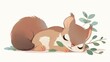 An adorable squirrel peacefully asleep dreaming sweetly in a 2d illustration set against a white background