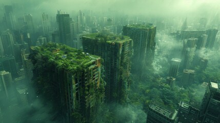 Wall Mural - Urban Jungle, In a futuristic city overrun by concrete and pollution,  gardens and rooftop oases. Generated AI