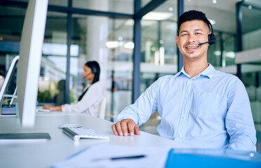 Aufkleber - Man, portrait and callcenter worker for telecom, communication and contact us with CRM. Happy working at telemarketing agency, sales and headset with mic for phone call, customer service and support