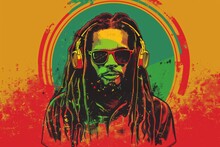 Photo Of Reggae Music Themed Background With Dreadlocks Rasta Man Wearing Headphones And Sunglasses, Circular Red Green Yellow Gradient In The Background, Colorful Musical Elements And Retro Style