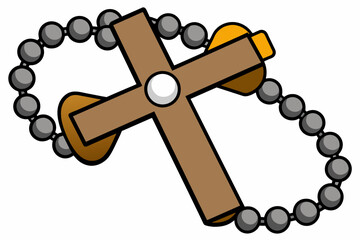 a metal cross with a prayer beads white background