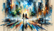 Couple walks towards a radiant light, holding hands in a vibrant cityscape