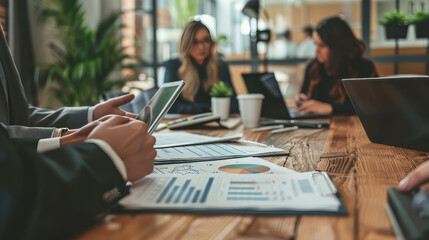 A financial advisor meets with clients in a bright, modern office against a backdrop of investment charts and tables, discussing finance, mortgages and investment strategies. Reflects personal financi