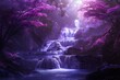 : Cascading waterfalls amidst a mystical purple forest