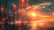 Futuristic cyberpunk cityscape at sunset, glowing data streams