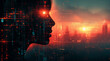 AI robot head and digital code, cyberpunk cityscape at sunset