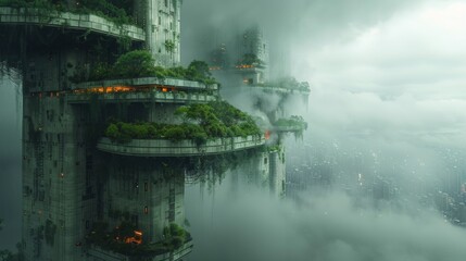 Wall Mural - Urban Jungle, In a futuristic city overrun by concrete and pollution,  gardens and rooftop oases. Generated AI