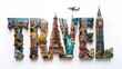 word TRAVEL, letter collage with famous building and places, sightseeing
