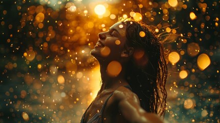 Joy Spark: A photo of a person dancing in the rain, their expression full of joy and freedom