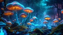 Glowing Mushrooms In A Dark Forest At Night. The Mushrooms Are Of Various Sizes And Shapes, And They Emit A Soft, Ethereal Light.