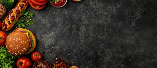 Top view of a dark slate banner background featuring a border of summer BBQ food, including a buffet of hot dogs and hamburgers. Ample space for additional content.