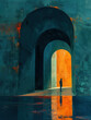 a lonely person standing iin the archway of a huge oriental old town