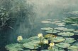 Antique inspired illustration of watercress and lotus in a calm pond setting