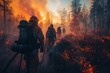 A backlit view of a group of firefighters with equipment walking through a burning forest