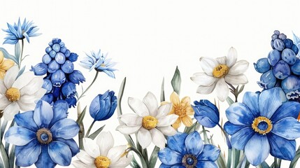 Wall Mural - A painting of blue and white flowers on a white background, Spring flowers