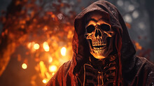 Scary Halloween Skeleton In Hooded Cloak In Cemetery At Dark Night
