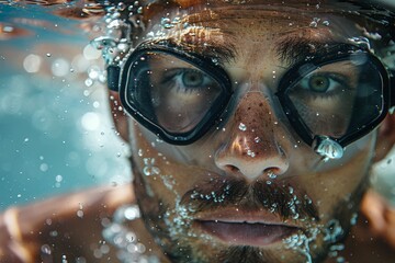 Poster - The image showcases a close-up shot of vibrant blue water with shimmering bubbles, creating an abstract underwater feel