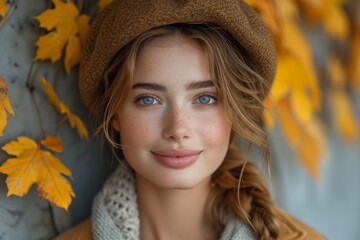 Poster - A portrait of a young woman with freckles wearing a beret among yellow autumn leaves
